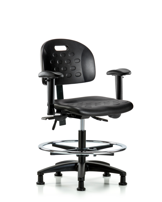 Blue Ridge Ergonomics HPMBCH-RG-T1-A1-CF-RG-BLK Newport Industrial Polyurethane Chair - Medium Bench Height with Seat Tilt, Adjustable Arms, Chrome Foot Ring, & Stationary Glides in Black Polyurethane