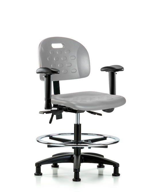 Blue Ridge Ergonomics HPMBCH-RG-T1-A1-CF-RG-GRY Newport Industrial Polyurethane Chair - Medium Bench Height with Seat Tilt, Adjustable Arms, Chrome Foot Ring, & Stationary Glides in Gray Polyurethane