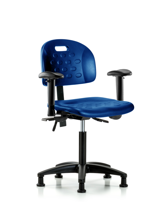 Blue Ridge Ergonomics HPMBCH-RG-T1-A1-NF-RG-BLU Newport Industrial Polyurethane Chair - Medium Bench Height with Seat Tilt, Adjustable Arms, & Stationary Glides in Blue Polyurethane