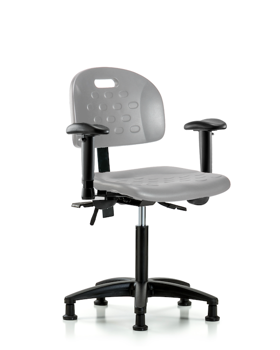 Blue Ridge Ergonomics HPMBCH-RG-T1-A1-NF-RG-GRY Newport Industrial Polyurethane Chair - Medium Bench Height with Seat Tilt, Adjustable Arms, & Stationary Glides in Gray Polyurethane