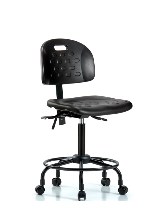 Blue Ridge Ergonomics HPMBCH-RT-T0-A0-RC-BLK Newport Industrial Polyurethane Chair with Round Tube Base - Medium Bench Height with Casters in Black Polyurethane