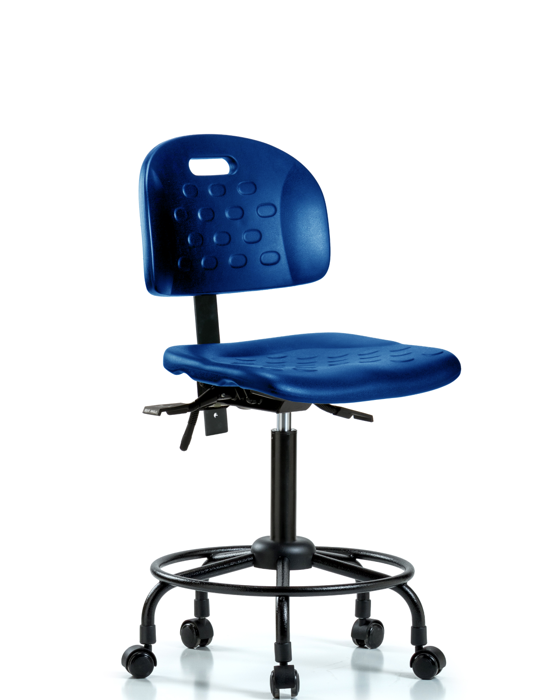 Blue Ridge Ergonomics HPMBCH-RT-T0-A0-RC-BLU Newport Industrial Polyurethane Chair with Round Tube Base - Medium Bench Height with Casters in Blue Polyurethane