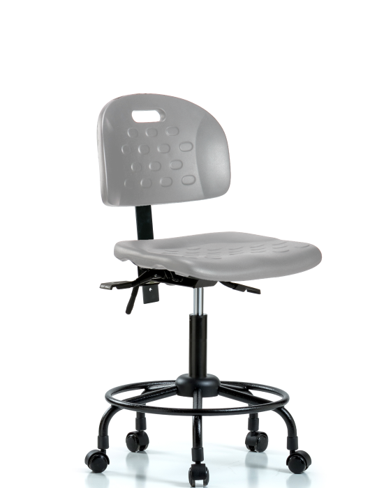 Blue Ridge Ergonomics HPMBCH-RT-T0-A0-RC-GRY Newport Industrial Polyurethane Chair with Round Tube Base - Medium Bench Height with Casters in Gray Polyurethane