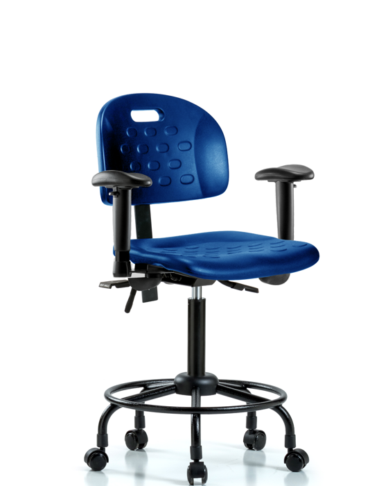 Blue Ridge Ergonomics HPMBCH-RT-T0-A1-RC-BLU Newport Industrial Polyurethane Chair with Round Tube Base - Medium Bench Height with Adjustable Arms & Casters in Blue Polyurethane