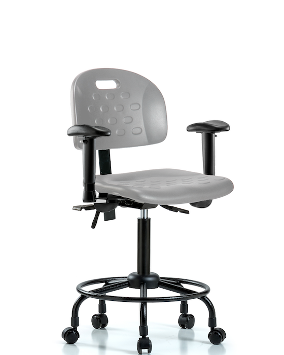 Blue Ridge Ergonomics HPMBCH-RT-T0-A1-RC-GRY Newport Industrial Polyurethane Chair with Round Tube Base - Medium Bench Height with Adjustable Arms & Casters in Gray Polyurethane