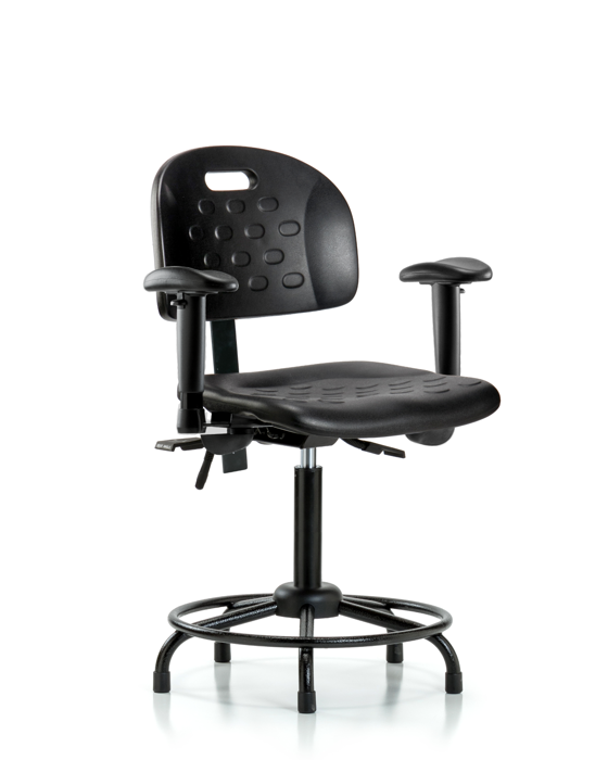 Blue Ridge Ergonomics HPMBCH-RT-T0-A1-RG-BLK Newport Industrial Polyurethane Chair with Round Tube Base - Medium Bench Height with Adjustable Arms & Stationary Glides in Black Polyurethane