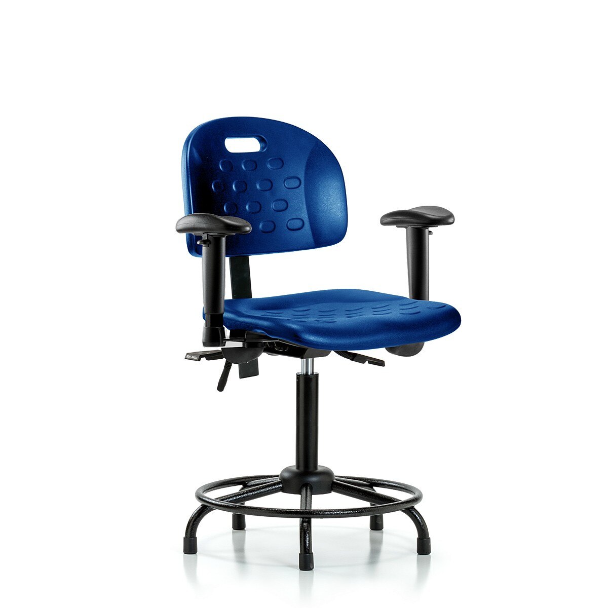 Blue Ridge Ergonomics HPMBCH-RT-T0-A1-RG-BLU Newport Industrial Polyurethane Chair with Round Tube Base - Medium Bench Height with Adjustable Arms & Stationary Glides in Blue Polyurethane