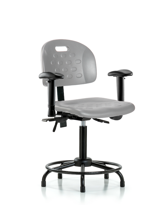 Blue Ridge Ergonomics HPMBCH-RT-T0-A1-RG-GRY Newport Industrial Polyurethane Chair with Round Tube Base - Medium Bench Height with Adjustable Arms & Stationary Glides in Gray Polyurethane