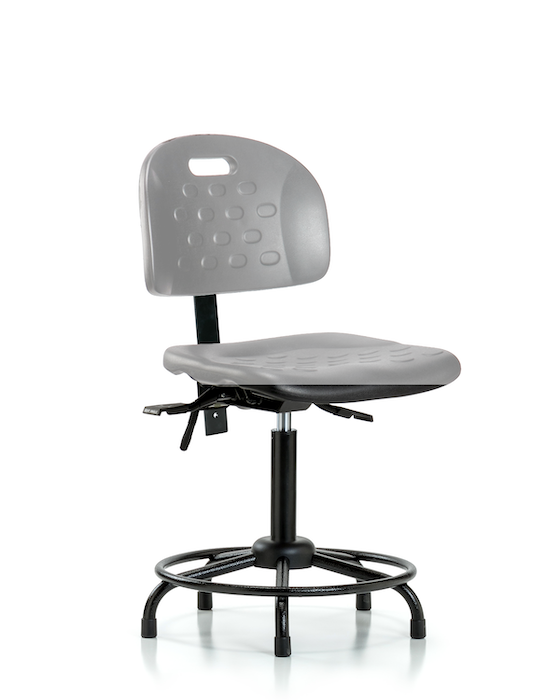 Blue Ridge Ergonomics HPMBCH-RT-T1-A0-RG-GRY Newport Industrial Polyurethane Chair with Round Tube Base - Medium Bench Height with Seat Tilt & Stationary Glides in Gray Polyurethane