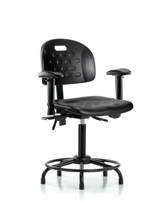 Blue Ridge Ergonomics HPMBCH-RT-T1-A1-RG-BLK Newport Industrial Polyurethane Chair with Round Tube Base - Medium Bench Height with Seat Tilt, Adjustable Arms, & Stationary Glides in Black Polyurethane