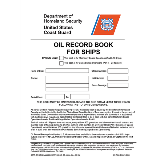 Paradise Clay IHP_OIL Oil Record Book for Ships - USCG And US Secretary Of Transportation - Book