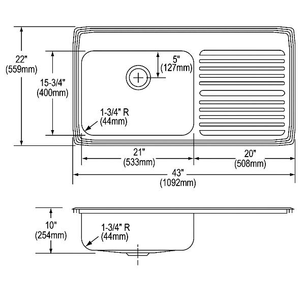 Elkay ILGR4322L Lustertone® Classic Stainless Steel 43" x 22" x 10" Single Bowl Drop-in Sink with Drainboard