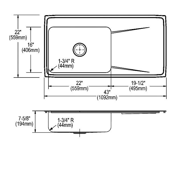 Elkay ILR4322L Lustertone® Classic Stainless Steel 43" x 22" x 7-5/8" Single Bowl Drop-in Sink with Drainboard
