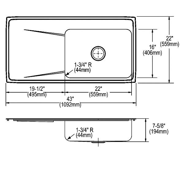 Elkay ILR4322R Lustertone® Classic Stainless Steel 43" x 22" x 7-5/8" Single Bowl Drop-in Sink with Drainboard