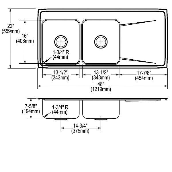 Elkay ILR4822L Lustertone® Classic Stainless Steel 48" x 22" x 7-5/8" Equal Double Bowl Drop-in Sink with Drainboard