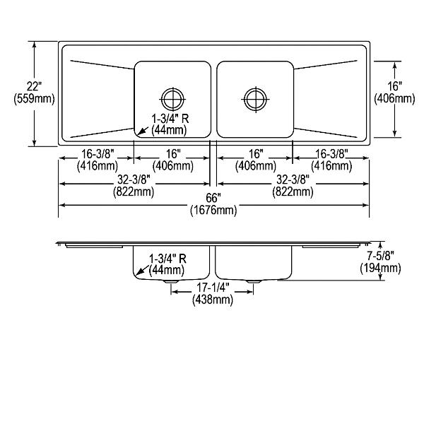 Elkay ILR6622DD Lustertone® Classic Stainless Steel 66" x 22" x 7-5/8" Equal Double Bowl Drop-in Sink with Drainboard