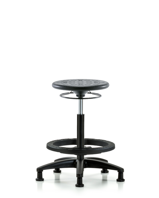 Blue Ridge Ergonomics IPHBSO-RG-BF-RG-BLK Huron Polyurethane Stool - High Bench Height with Black Foot Ring and Stationary Glides in Black Polyurethane