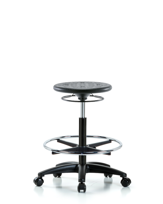 Blue Ridge Ergonomics IPHBSO-RG-CF-RC-BLK Huron Polyurethane Stool - High Bench Height with Chrome Foot Ring and Casters in Black Polyurethane