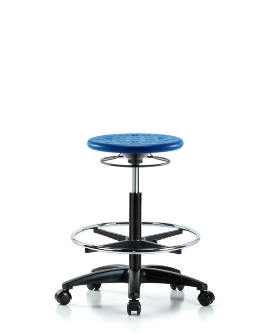 Blue Ridge Ergonomics IPHBSO-RG-CF-RC-BLU Huron Polyurethane Stool - High Bench Height with Chrome Foot Ring & Casters in Blue Polyurethane