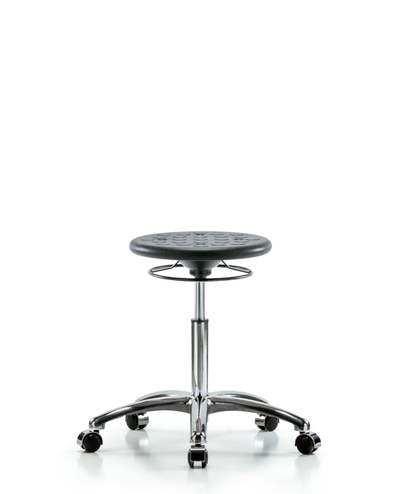 Blue Ridge Ergonomics IPMBSO-CR-NF-CC-BLK Huron Polyurethane Stool Chrome - Medium Bench Height with Casters in Black Polyurethane