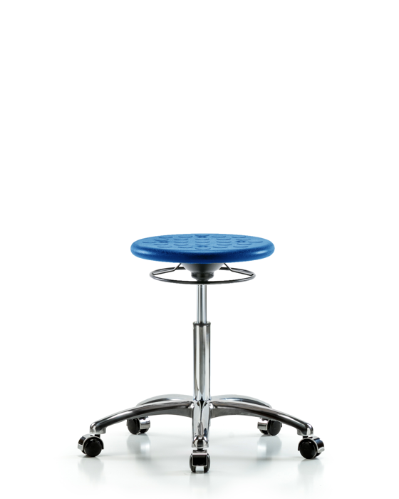 Blue Ridge Ergonomics IPMBSO-CR-NF-CC-BLU Huron Polyurethane Stool Chrome - Medium Bench Height with Casters in Blue Polyurethane