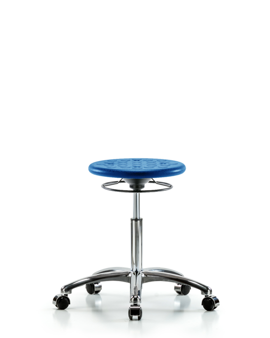 Blue Ridge Ergonomics IPMBSO-CR-NF-CC-BLU Huron Polyurethane Stool Chrome - Medium Bench Height with Casters in Blue Polyurethane