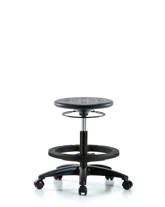 Blue Ridge Ergonomics IPMBSO-RG-BF-RC-BLK Huron Polyurethane Stool - Medium Bench Height with Black Foot Ring and Casters in Black Polyurethane