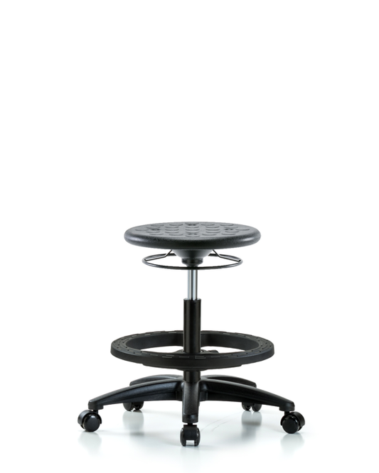 Blue Ridge Ergonomics IPMBSO-RG-BF-RC-BLK Huron Polyurethane Stool - Medium Bench Height with Black Foot Ring and Casters in Black Polyurethane