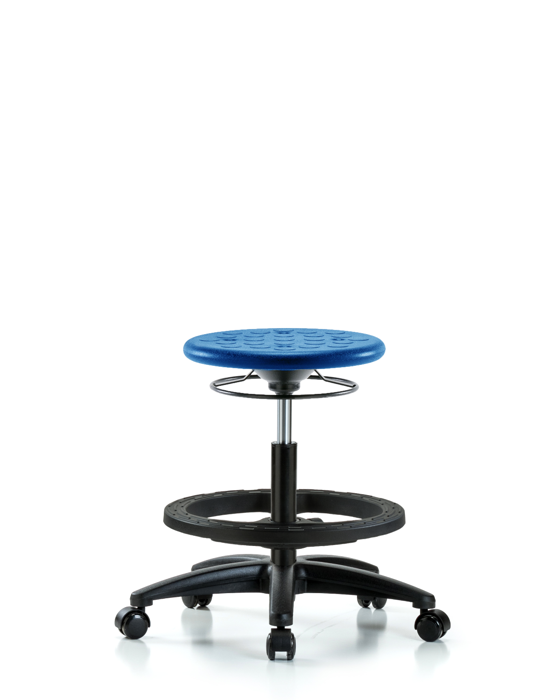 Blue Ridge Ergonomics IPMBSO-RG-BF-RC-BLU Huron Polyurethane Stool - Medium Bench Height with Black Foot Ring & Casters in Blue Polyurethane
