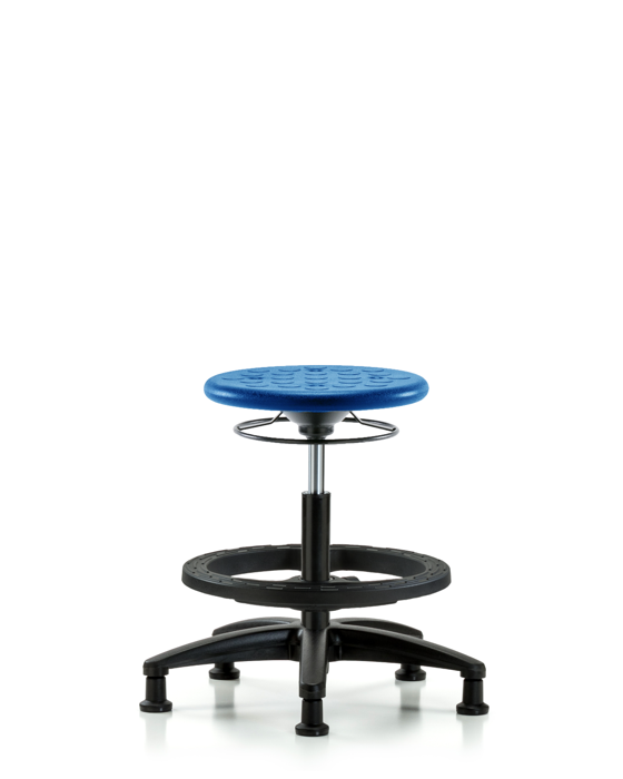 Blue Ridge Ergonomics IPMBSO-RG-BF-RG-BLU Huron Polyurethane Stool - Medium Bench Height with Black Foot Ring & Stationary Glides in Blue Polyurethane
