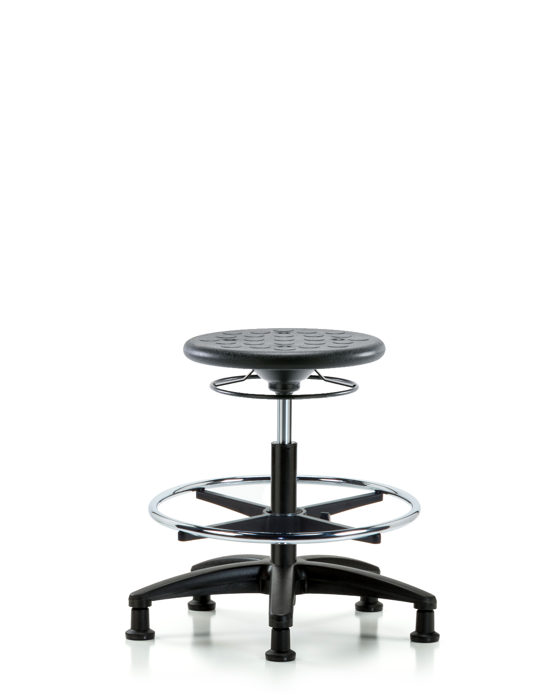Blue Ridge Ergonomics IPMBSO-RG-CF-RG-BLK Huron Polyurethane Stool - Medium Bench Height with Chrome Foot Ring and Stationary Glides in Black Polyurethane