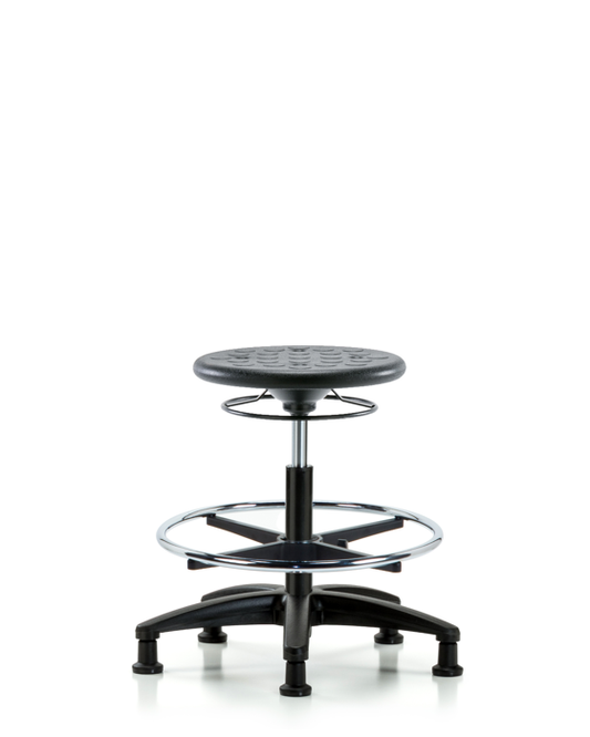 Blue Ridge Ergonomics IPMBSO-RG-CF-RG-BLK Huron Polyurethane Stool - Medium Bench Height with Chrome Foot Ring and Stationary Glides in Black Polyurethane