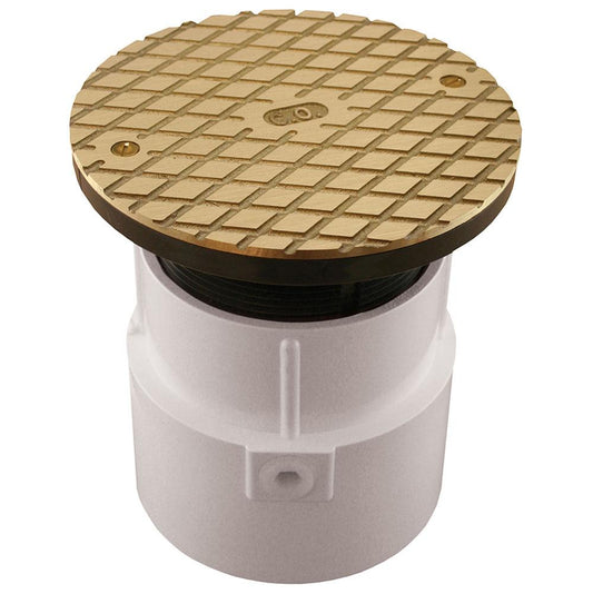 Jones Stephens C60001 4" PVC Over Pipe Fit Base Cleanout with 3-1/2" Plastic Spud and 6" Polished Brass Cover