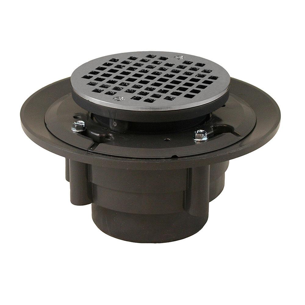 Jones Stephens D4984BN 3" x 4" Heavy Duty PVC Shower Drain with 3-1/2" PVC Spud and 5" Round Brushed Nickel Strainer