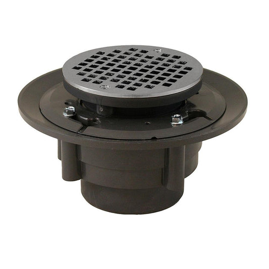 Jones Stephens D4984BN 3" x 4" Heavy Duty PVC Shower Drain with 3-1/2" PVC Spud and 5" Round Brushed Nickel Strainer