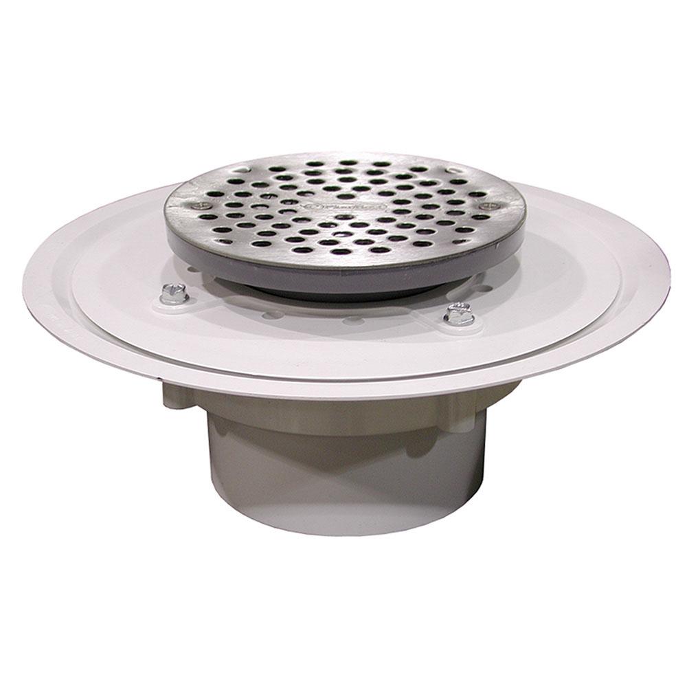 Jones Stephens D50039 4" Heavy Duty PVC Drain Base with 3-1/2" Plastic Spud and 6" Stainless Steel Strainer