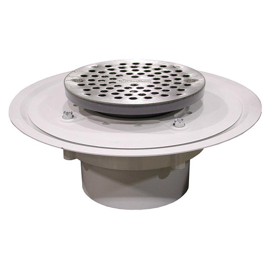 Jones Stephens D50039 4" Heavy Duty PVC Drain Base with 3-1/2" Plastic Spud and 6" Stainless Steel Strainer