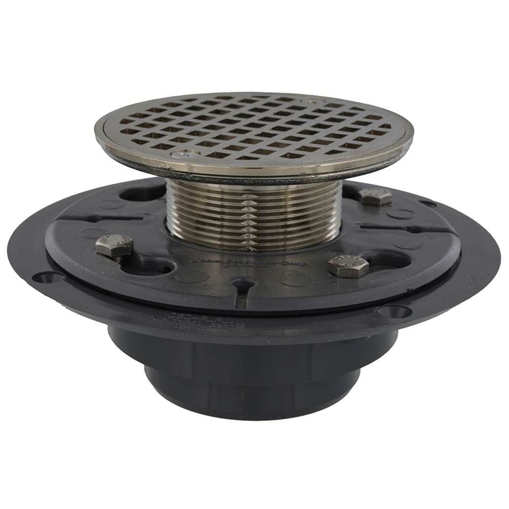 Jones Stephens D50139 2" x 3" PVC Perfect Low Profile Shower Drain/Floor Drain with 2" Brass Spud and 4-1/4" Brushed Nickel Round Strainer