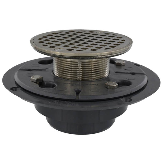 Jones Stephens D50139 2" x 3" PVC Perfect Low Profile Shower Drain/Floor Drain with 2" Brass Spud and 4-1/4" Brushed Nickel Round Strainer