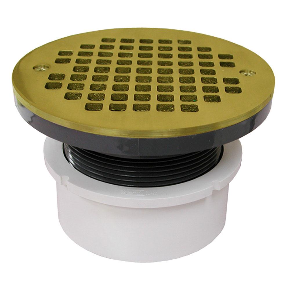 Jones Stephens D53001 4" PVC Hub Fit Drain Base with 3-1/2" Plastic Spud and 6" Polished Brass Strainer