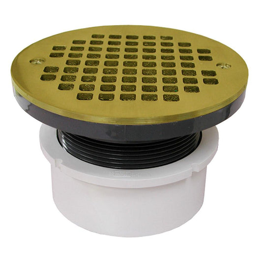 Jones Stephens D53001 4" PVC Hub Fit Drain Base with 3-1/2" Plastic Spud and 6" Polished Brass Strainer