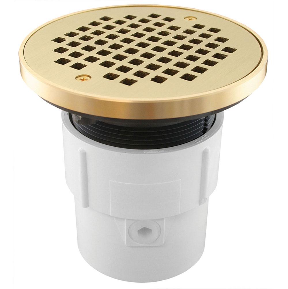 Jones Stephens D53074 3" x 4" PVC Pipe Fit Drain Base with 3-1/2" Plastic Spud and 6" Polished Brass Strainer with Ring