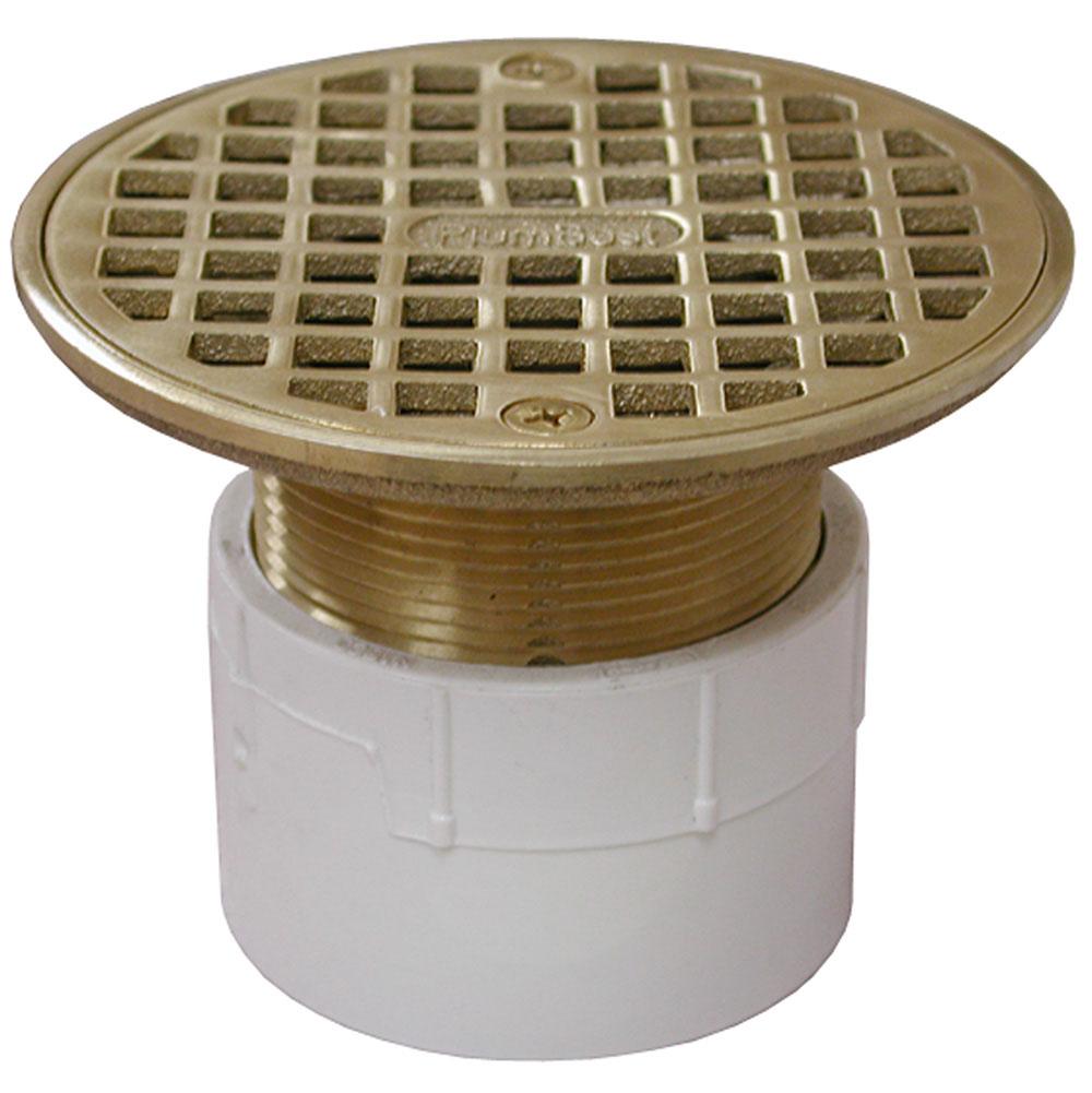 Jones Stephens D53208 2" PVC Over Pipe Fit Drain Base with 2" Metal Spud and 4" Polished Brass Strainer