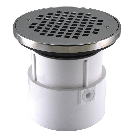 Jones Stephens D53282 4" PVC Over Pipe Fit Drain Base with 3-1/2" Plastic Spud and 6" Chrome Plated Strainer with Ring