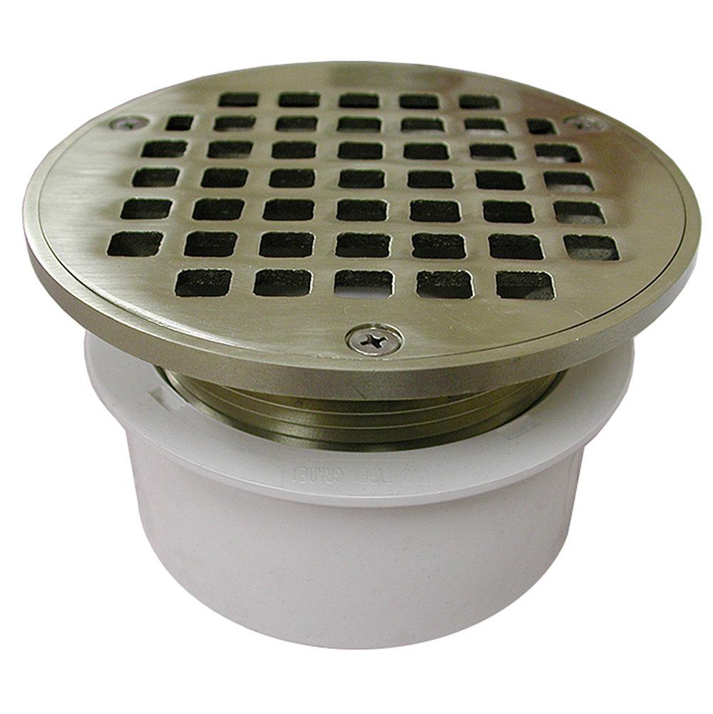 Jones Stephens D53310 4" PVC Inside Pipe Fit Drain Base with 3" Metal Spud and 5" Nickel Bronze Strainer