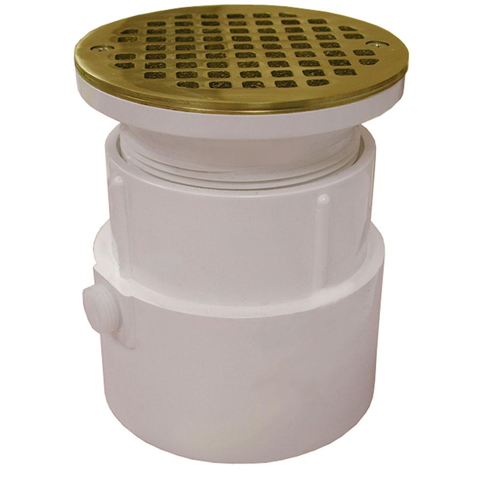 Jones Stephens D53415 4" PVC Over Pipe Fit Drain Base with 3-1/2" Plastic Spud and 5" Polished Brass Strainer