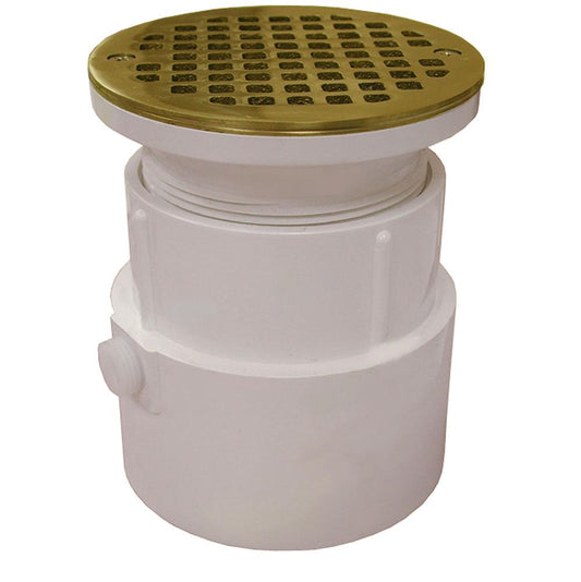 Jones Stephens D53415 4" PVC Over Pipe Fit Drain Base with 3-1/2" Plastic Spud and 5" Polished Brass Strainer
