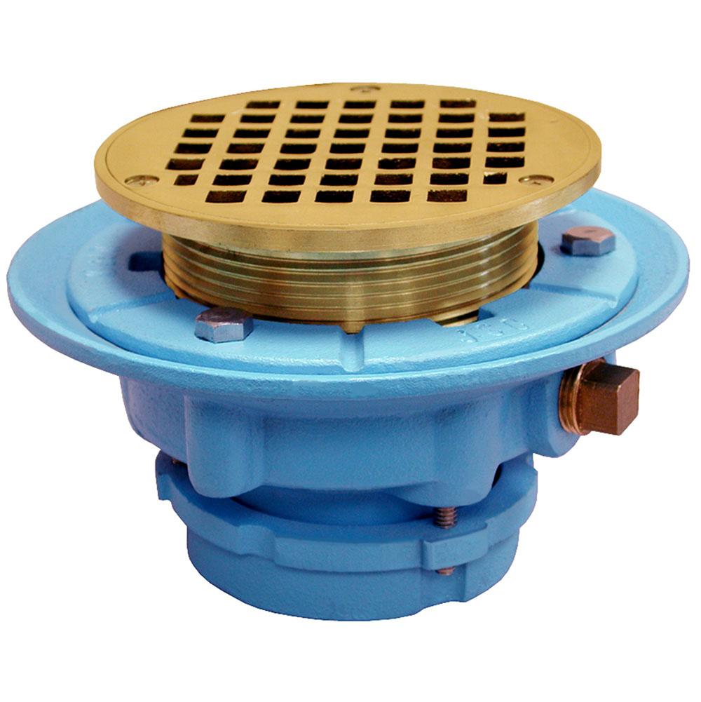 Jones Stephens D65504 2" No Caulk Mechanical Joint Code Blue Floor Drain with 7" Pan and 6" Polished Brass Round Strainer - Height 4-1/4" - 5-1/4"