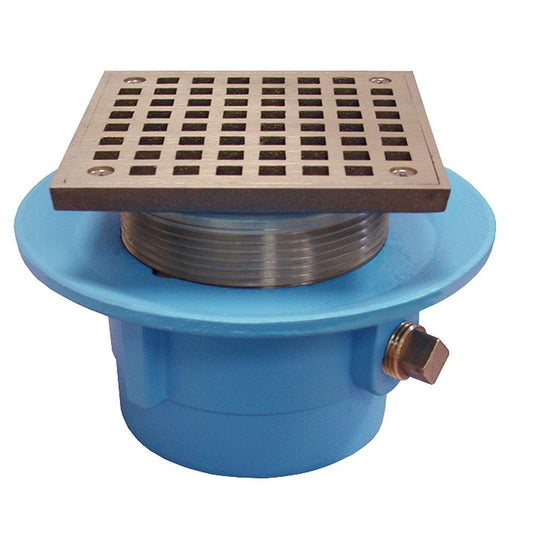 Jones Stephens D67030 2" No Hub Code Blue Slab Drain with 7" Pan and 6" Polished Brass Square Strainer - Height 4" - 5-3/16"
