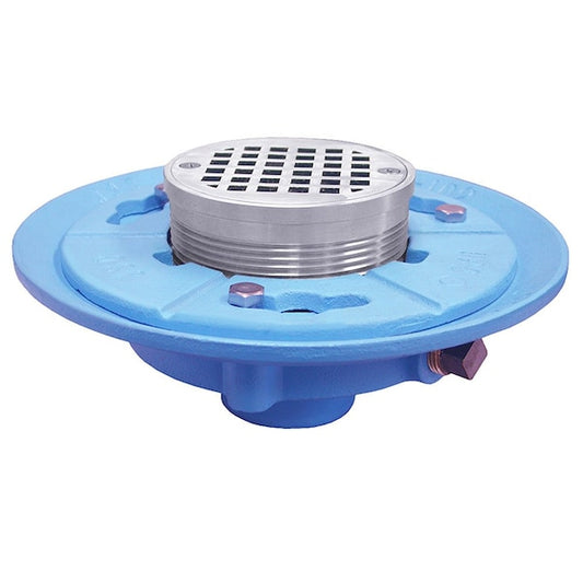 Jones Stephens D66622 2" IPS Code Blue Floor Drain with 9" Pan and 5" Chrome Plated Round Strainer - Height 3-1/2" - 5-1/8"